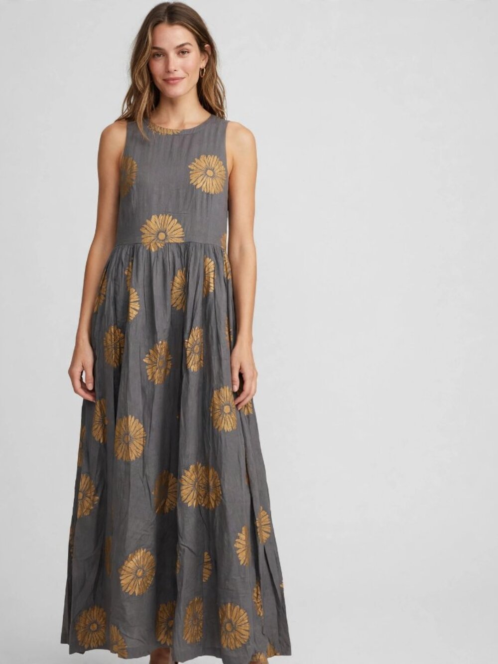 Bombay & Paisley Gray Gold Floral Print Tiered Maxi Dress S Boho Pockets